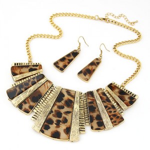 Leopard Prints Geometry Modelling Earrings Necklace Set - Brown