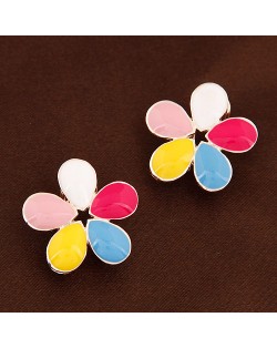 Korean Fashion Oil-spot Glazed Petals Sweet Flower Ear Studs - Multicolor