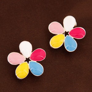 Korean Fashion Oil-spot Glazed Petals Sweet Flower Ear Studs - Multicolor