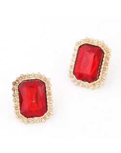 Golden Rimmed Square Gem Inlaid Ear Studs - Red