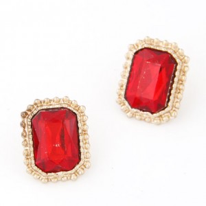 Golden Rimmed Square Gem Inlaid Ear Studs - Red