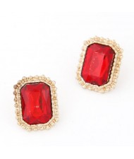 Golden Rimmed Square Gem Inlaid Ear Studs - Red