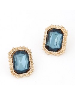 Golden Rimmed Square Gem Inlaid Ear Studs - Blue