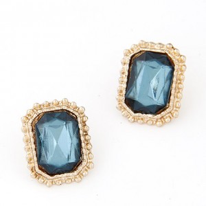Golden Rimmed Square Gem Inlaid Ear Studs - Blue