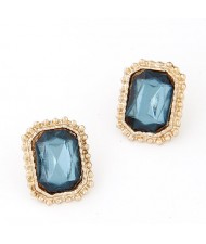 Golden Rimmed Square Gem Inlaid Ear Studs - Blue