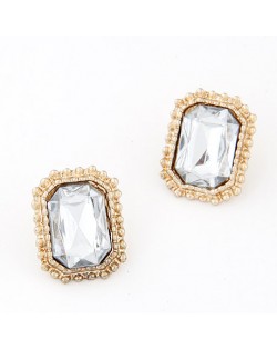 Golden Rimmed Square Gem Inlaid Ear Studs - White