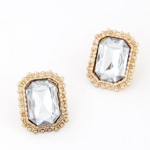 Golden Rimmed Square Gem Inlaid Ear Studs - White