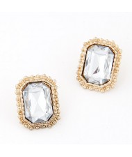 Golden Rimmed Square Gem Inlaid Ear Studs - White