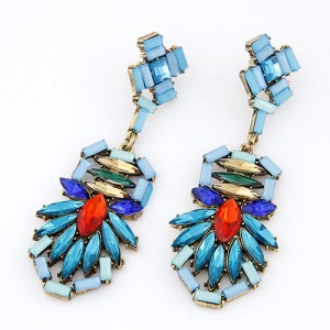 Luxurious Gems Jointed Floral Pattern Dangling Earrings - Blue