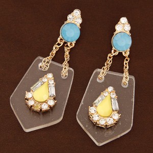 Waterdrop Attached on the Transparent Plate Design Dangling Earrings - Yellow