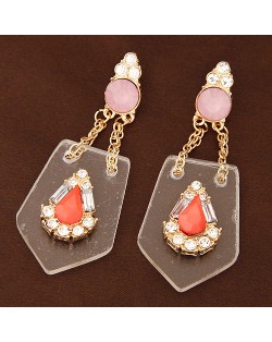 Waterdrop Attached on the Transparent Plate Design Dangling Earrings - Red