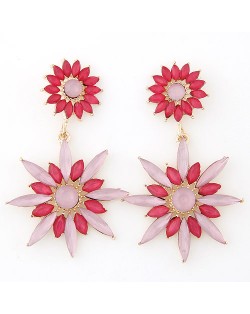 Resin Jointed Sunflower Dangling Earrings - Red