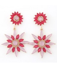Resin Jointed Sunflower Dangling Earrings - Red
