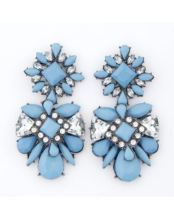 Rhinestone Inlaid Flowers Pattern Resin Ear Studs - Blue