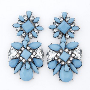 Rhinestone Inlaid Flowers Pattern Resin Ear Studs - Blue