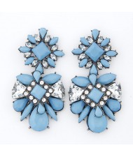 Rhinestone Inlaid Flowers Pattern Resin Ear Studs - Blue