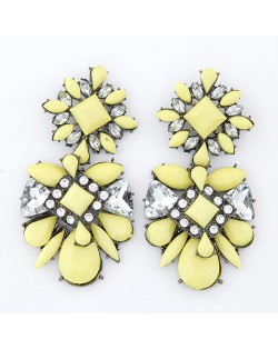 Rhinestone Inlaid Flowers Pattern Resin Ear Studs - Yellow