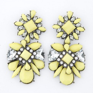 Rhinestone Inlaid Flowers Pattern Resin Ear Studs - Yellow