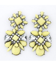 Rhinestone Inlaid Flowers Pattern Resin Ear Studs - Yellow