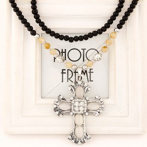 Vintage Rhinestone and Opal Inlaid Crucifix Beads Necklace