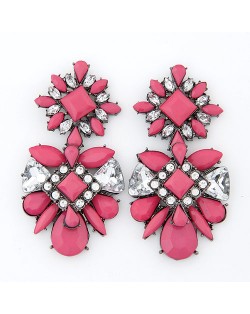 Rhinestone Inlaid Flowers Pattern Resin Ear Studs - Rose