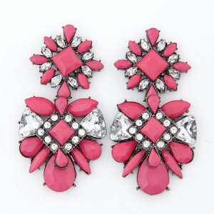 Rhinestone Inlaid Flowers Pattern Resin Ear Studs - Rose