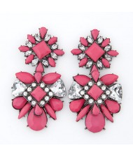 Rhinestone Inlaid Flowers Pattern Resin Ear Studs - Rose