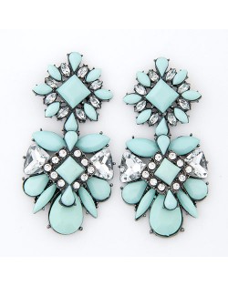 Rhinestone Inlaid Flowers Pattern Resin Ear Studs - Light Green