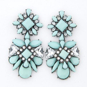 Rhinestone Inlaid Flowers Pattern Resin Ear Studs - Light Green