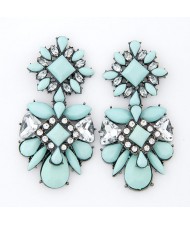 Rhinestone Inlaid Flowers Pattern Resin Ear Studs - Light Green