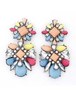 Rhinestone Inlaid Flowers Pattern Resin Ear Studs - Multicolor