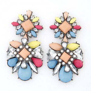 Rhinestone Inlaid Flowers Pattern Resin Ear Studs - Multicolor