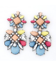 Rhinestone Inlaid Flowers Pattern Resin Ear Studs - Multicolor