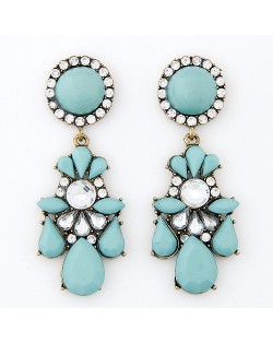 Rhinestone Embedded Jointed Floral Style Dangling Pendants Resin Ear Studs - Blue