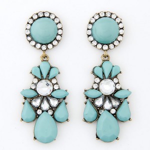 Rhinestone Embedded Jointed Floral Style Dangling Pendants Resin Ear Studs - Blue
