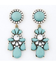 Rhinestone Embedded Jointed Floral Style Dangling Pendants Resin Ear Studs - Blue