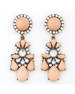 Rhinestone Embedded Jointed Floral Style Dangling Pendants Resin Ear Studs - Light Orange