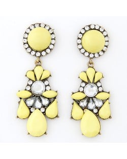 Rhinestone Embedded Jointed Floral Style Dangling Pendants Resin Ear Studs - Yellow