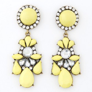 Rhinestone Embedded Jointed Floral Style Dangling Pendants Resin Ear Studs - Yellow