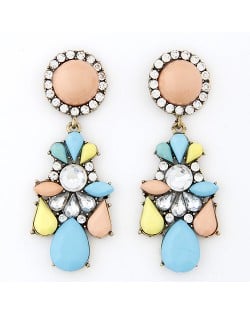 Rhinestone Embedded Jointed Floral Style Dangling Pendants Resin Ear Studs - Multicolor