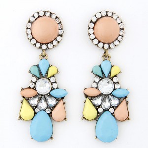 Rhinestone Embedded Jointed Floral Style Dangling Pendants Resin Ear Studs - Multicolor