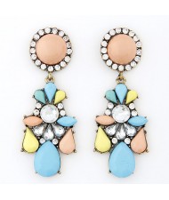 Rhinestone Embedded Jointed Floral Style Dangling Pendants Resin Ear Studs - Multicolor