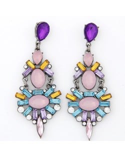 Rhinestone Attached Irregular Gems Jointed Dangling Earrings - Pink