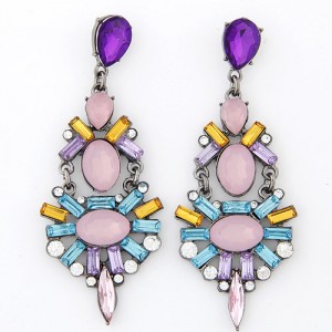 Rhinestone Attached Irregular Gems Jointed Dangling Earrings - Pink