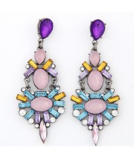 Rhinestone Attached Irregular Gems Jointed Dangling Earrings - Pink