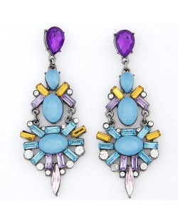 Rhinestone Attached Irregular Gems Jointed Dangling Earrings - Blue