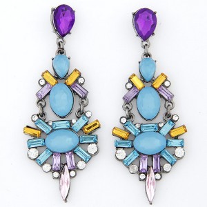 Rhinestone Attached Irregular Gems Jointed Dangling Earrings - Blue