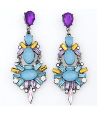 Rhinestone Attached Irregular Gems Jointed Dangling Earrings - Blue