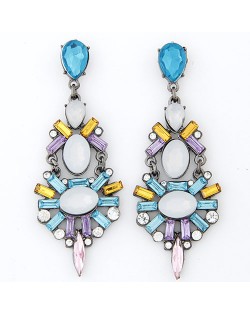 Rhinestone Attached Irregular Gems Jointed Dangling Earrings - White