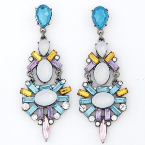 Rhinestone Attached Irregular Gems Jointed Dangling Earrings - White
